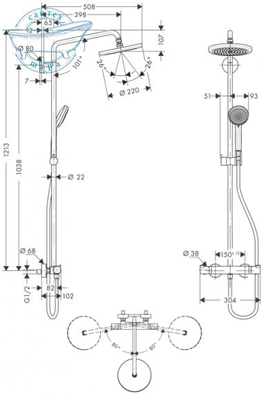 Душевая система Croma 220мм Showerpipe с термостатом и поворотной трубой 400мм 27185000 - фото 2